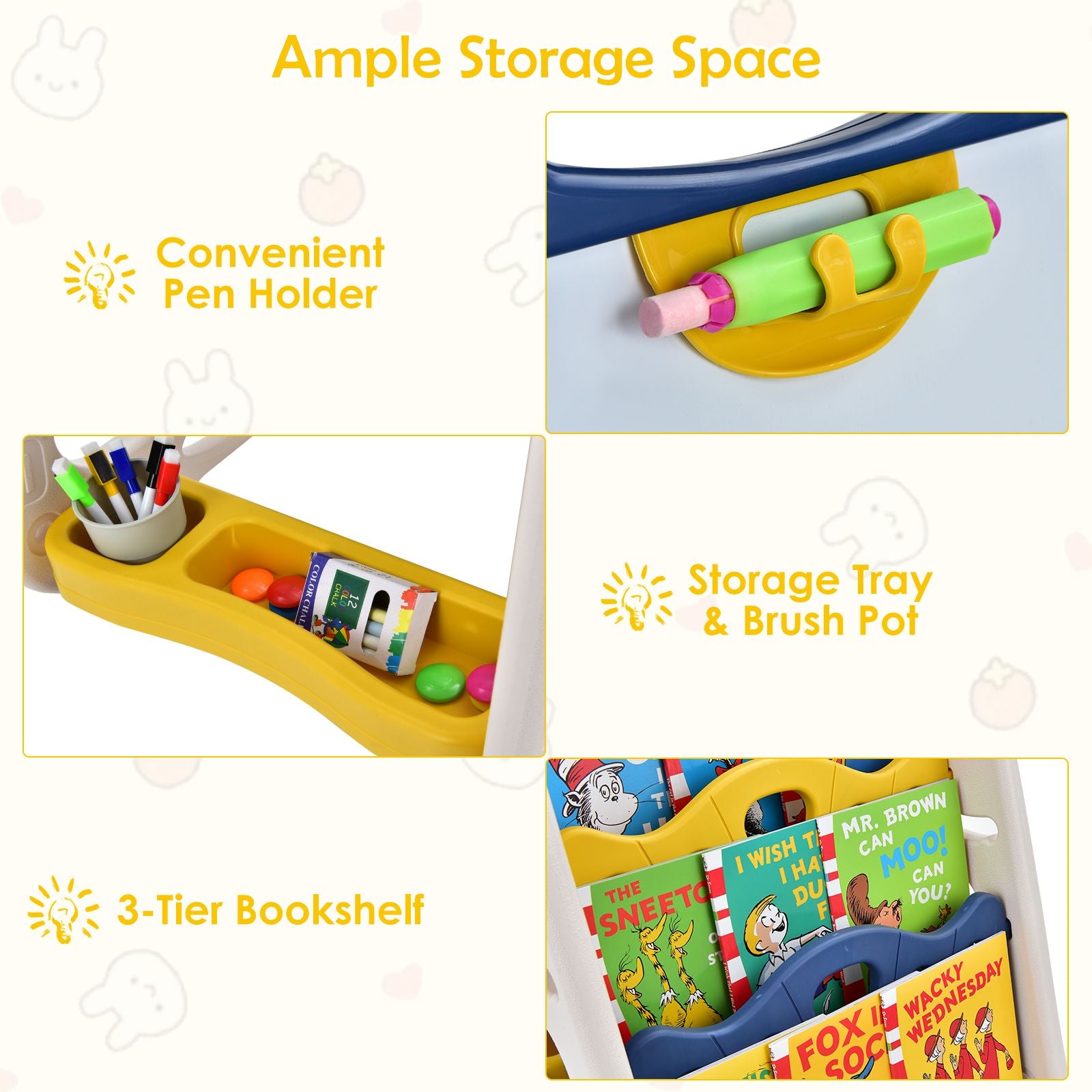 3-In-1 Kids Art Easel with Bookshelf Storage Tray and Art Accessories