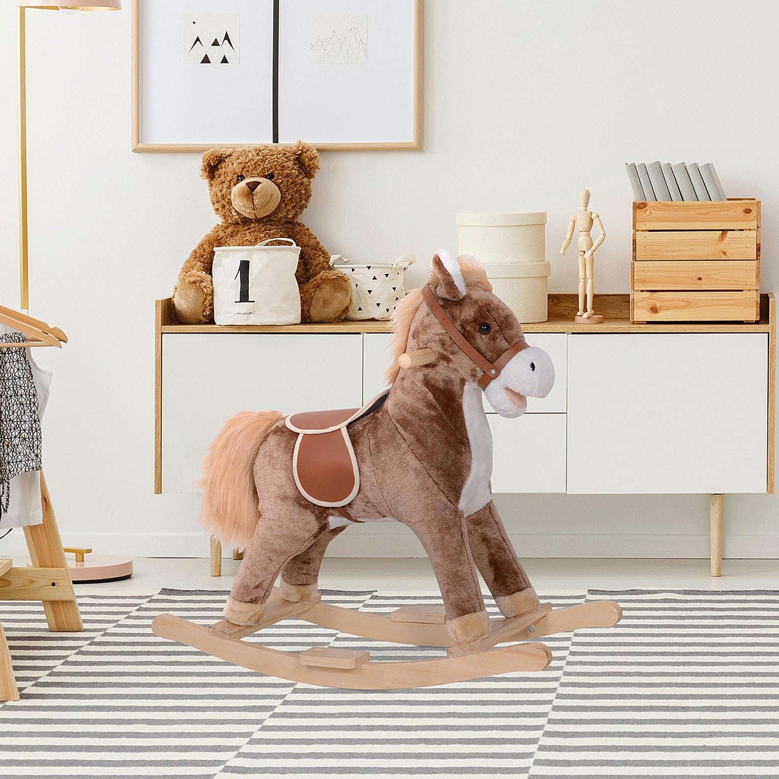 Kids Rocking Horse Wooden Plush Age 3+ Children Ride on Toy Rocker Nursery Baby