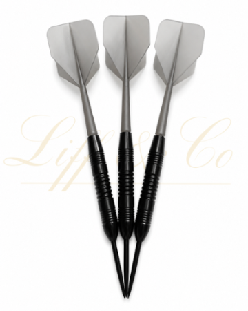 Three black darts with silver flights on a white background