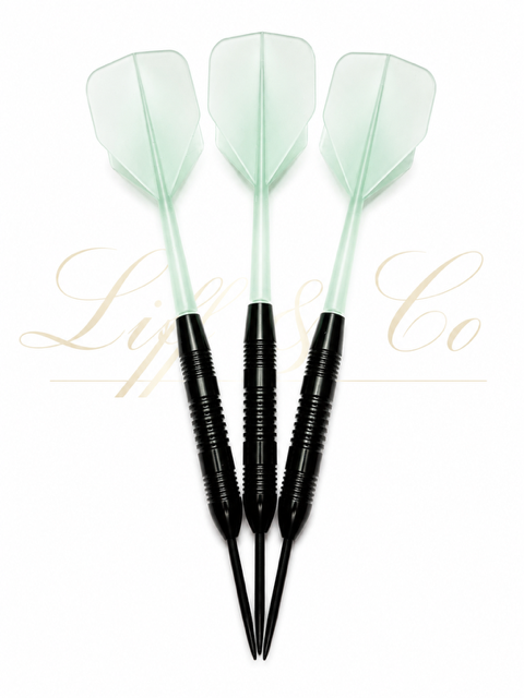 Three darts with green flight and black shafts on a white background