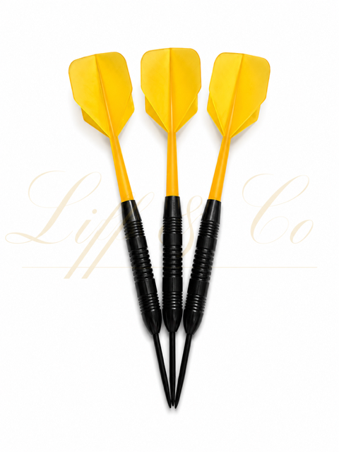Three yellow darts with black shafts on a white background
