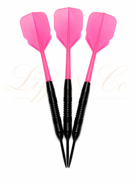 Three pink darts with black shafts on a white background