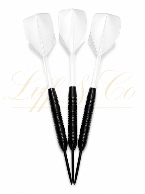 Three black darts with white flight on a white background, featuring the brand 'Liff & Co'.