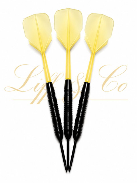 Three yellow darts with black shafts on a white background, featuring the brand 'Liff & Co'.