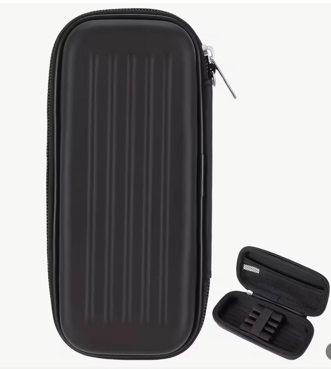 Black hard-shell travel case with a smaller black case open on a white background