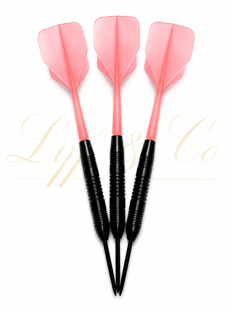 Three pink darts with black shafts on a white background