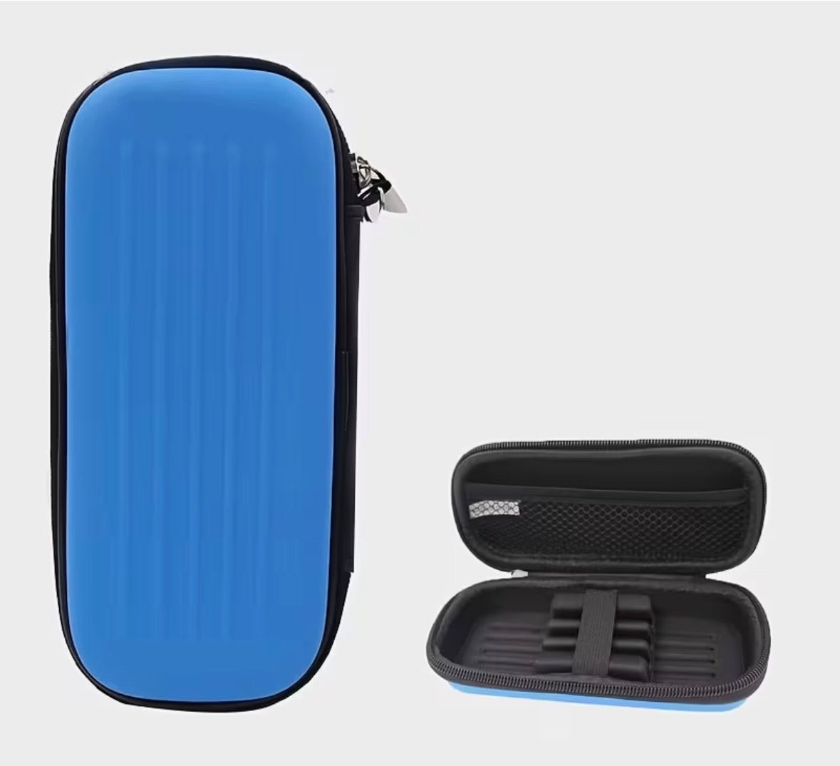 Blue hard-shell carrying case FOR DARTS with open black interior on a light gray background