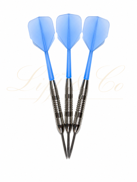 Three blue darts with silver shafts on a white background