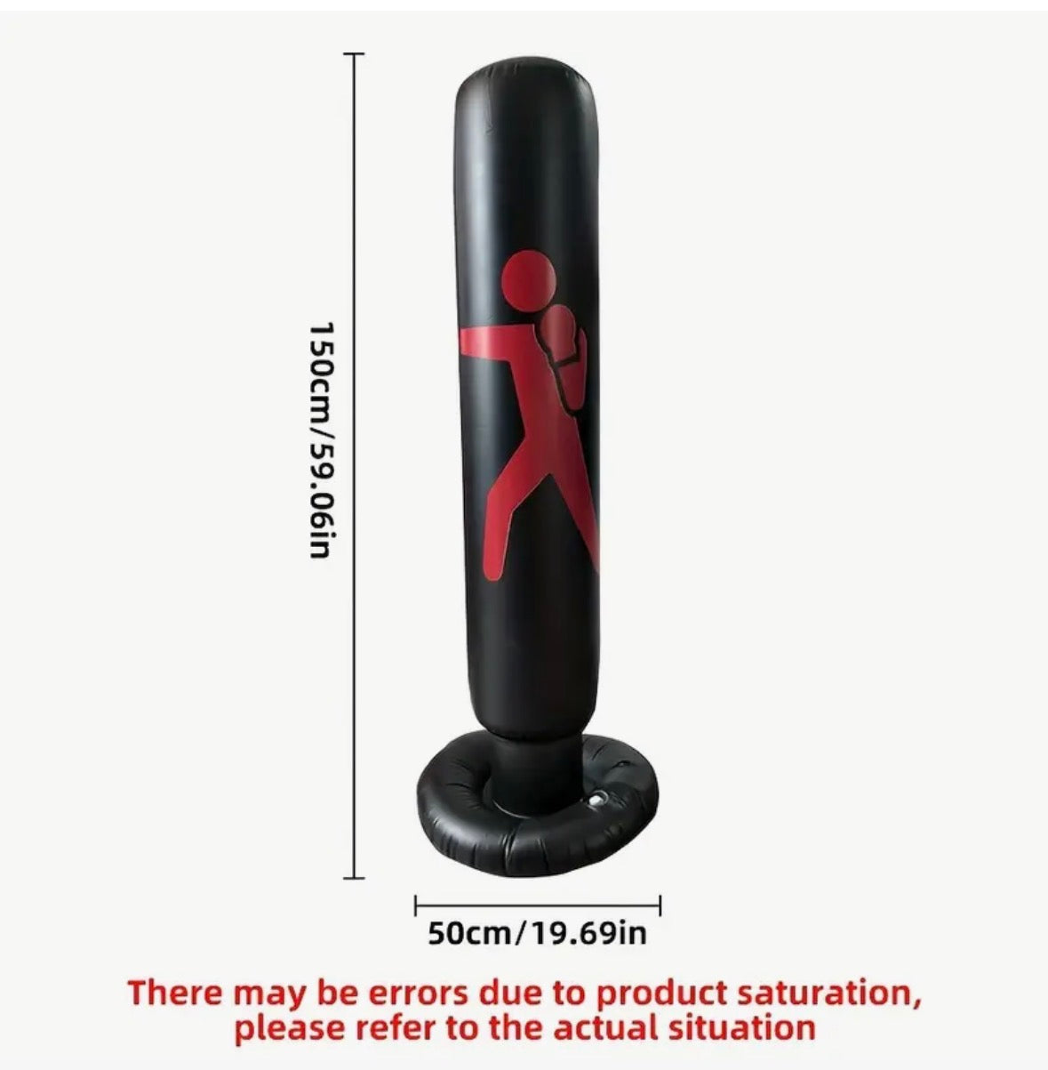 Black and red punching bag with measurements on a white background By Liff and Co