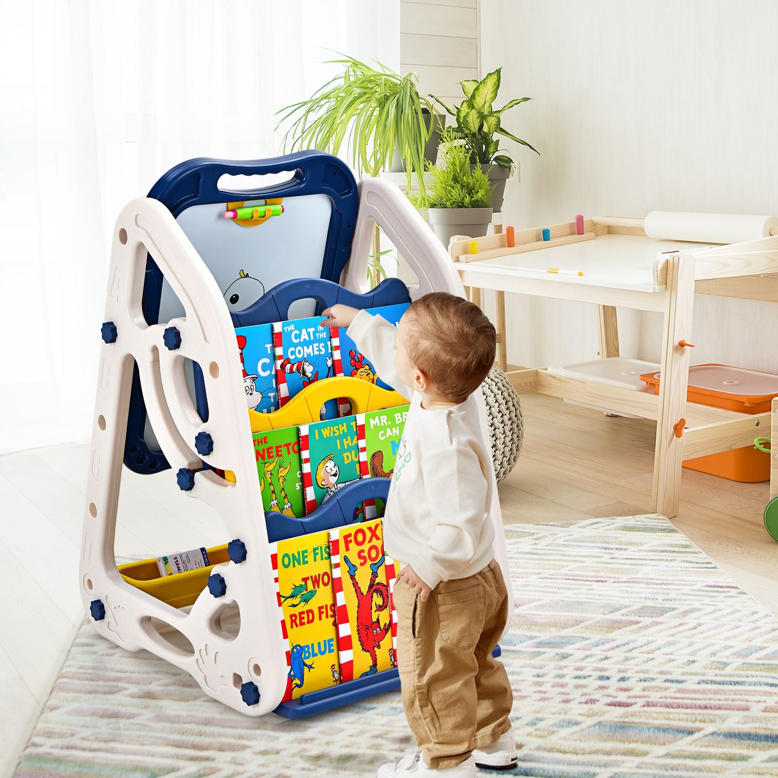3-In-1 Kids Art Easel with Bookshelf Storage Tray and Art Accessories