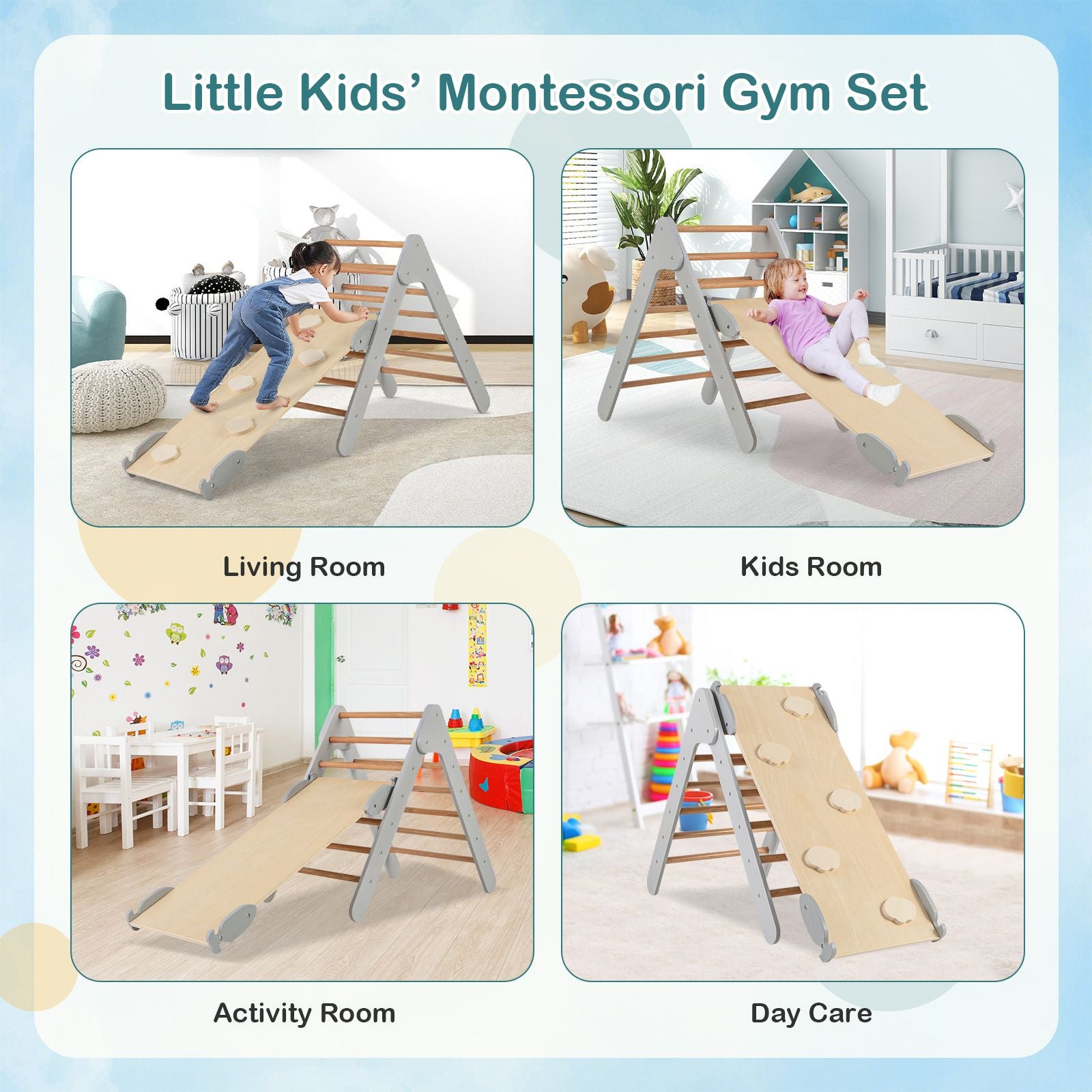 Wooden Triangle Climbing Ladder Set with 2-In-1 Reversible Ramp