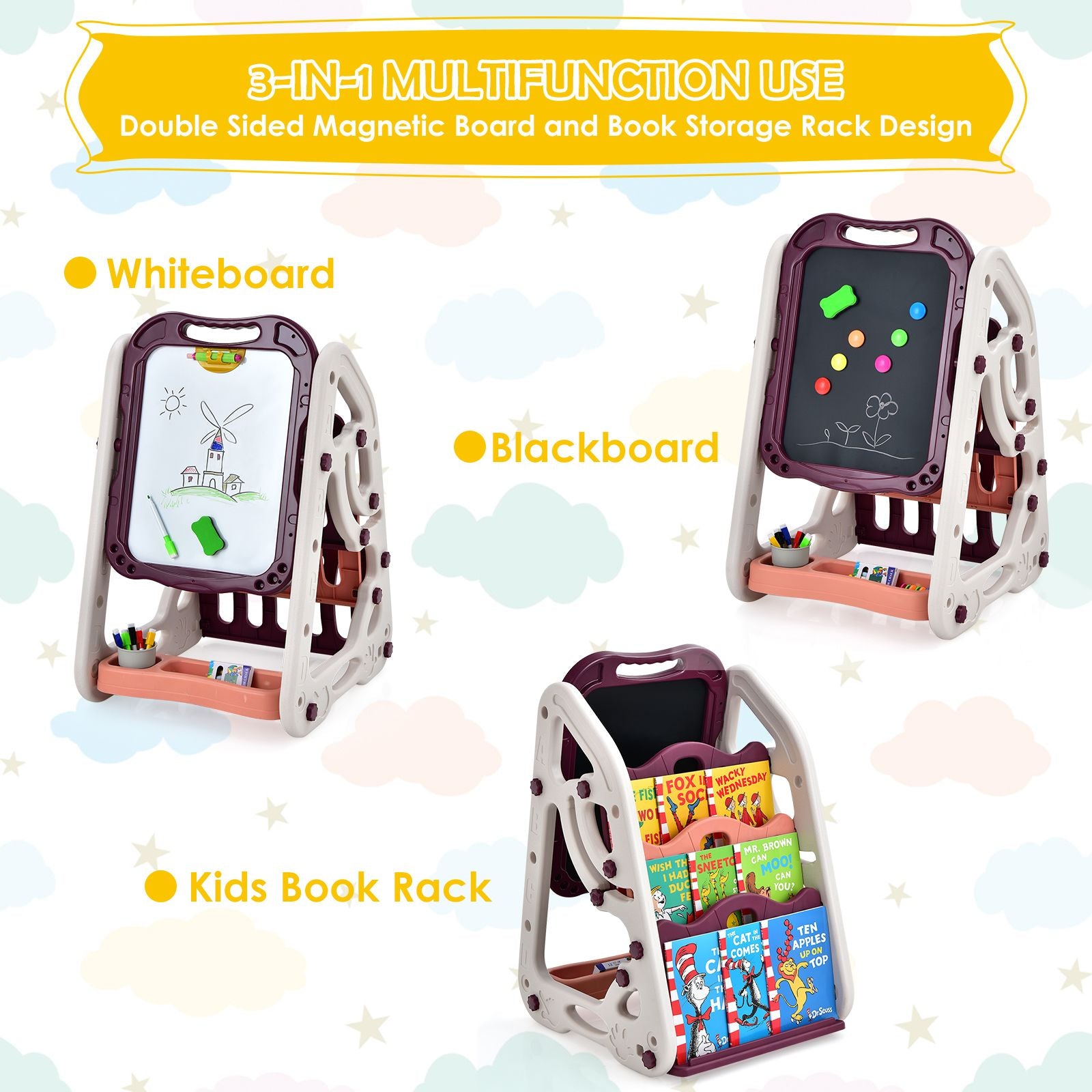 3-In-1 Kids Art Easel with Bookshelf Storage Tray and Art Accessories