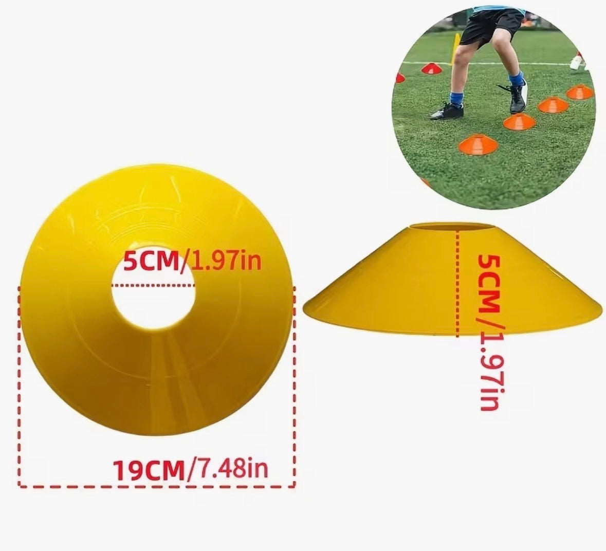 Yellow training markers with dimensions and an inset of a person using them on grass.