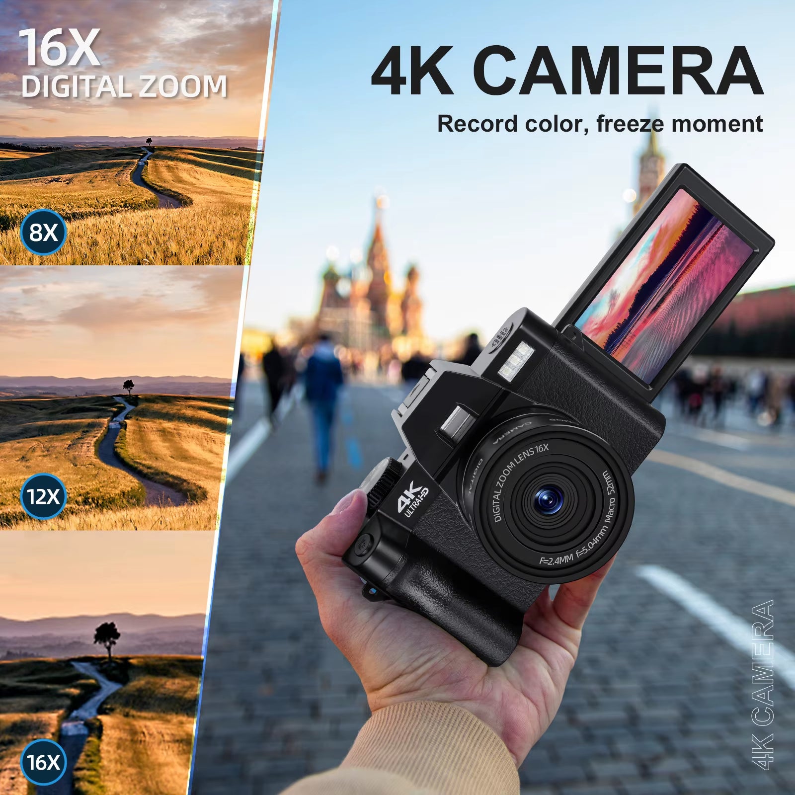 Macro Lens 4K Digital Camera Flip Screen Selfie Camcorder 48MP Youtube WIFI Webcam Vintage Video Recorder 16X Digital Zoom