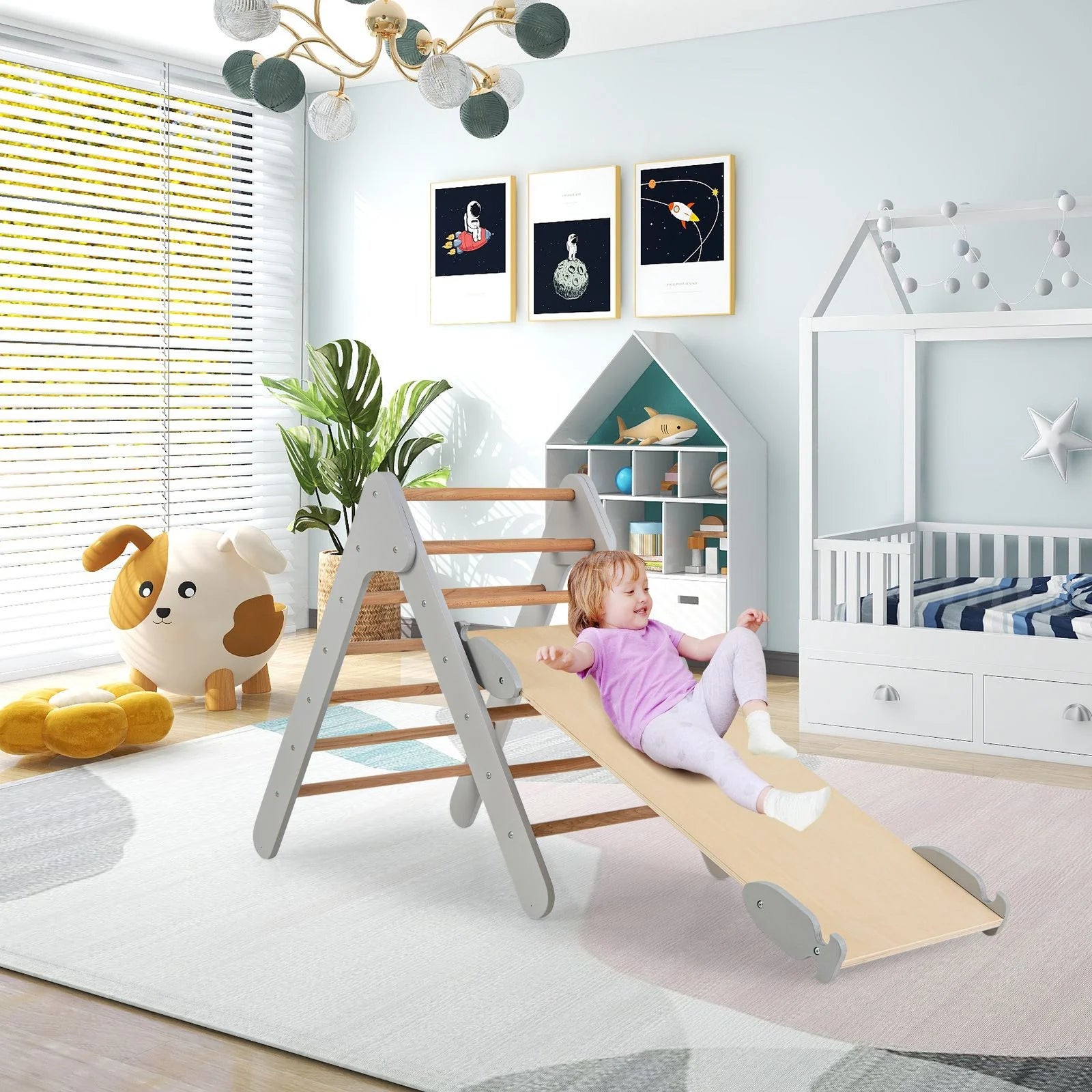 Wooden Triangle Climbing Ladder Set with 2-In-1 Reversible Ramp