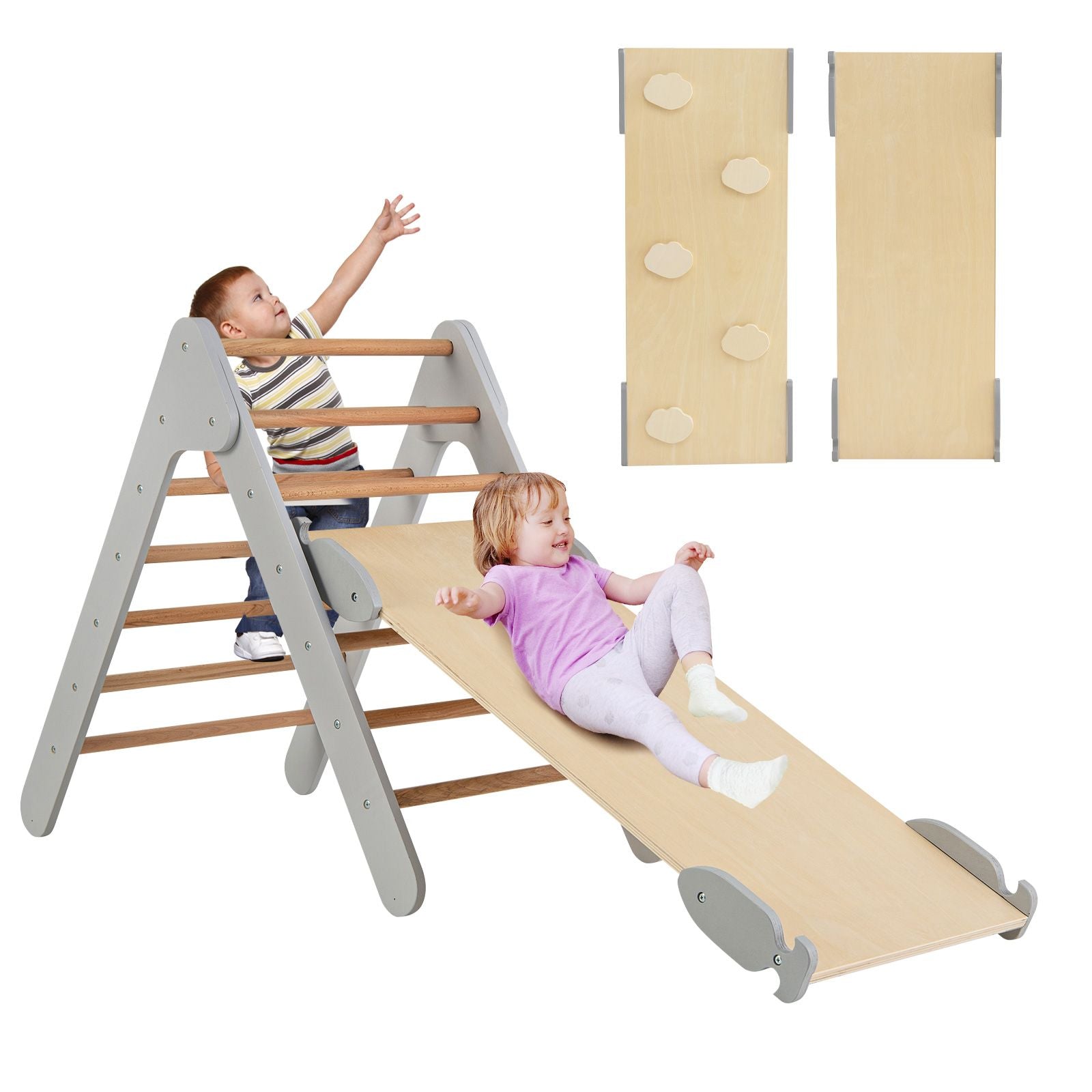Wooden Triangle Climbing Ladder Set with 2-In-1 Reversible Ramp