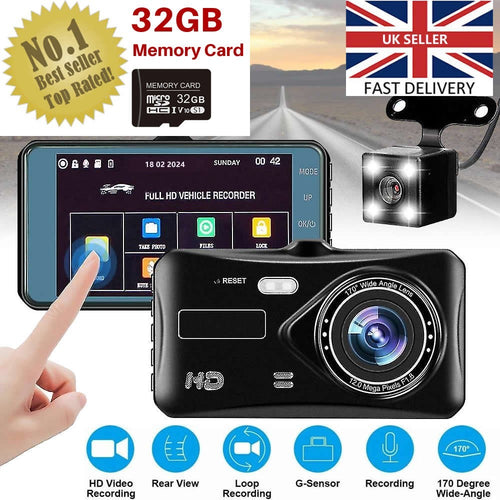 Car Dash Cam Front and Rear Camera HD 1080P Nightvision with 32GB SD Memory Card
