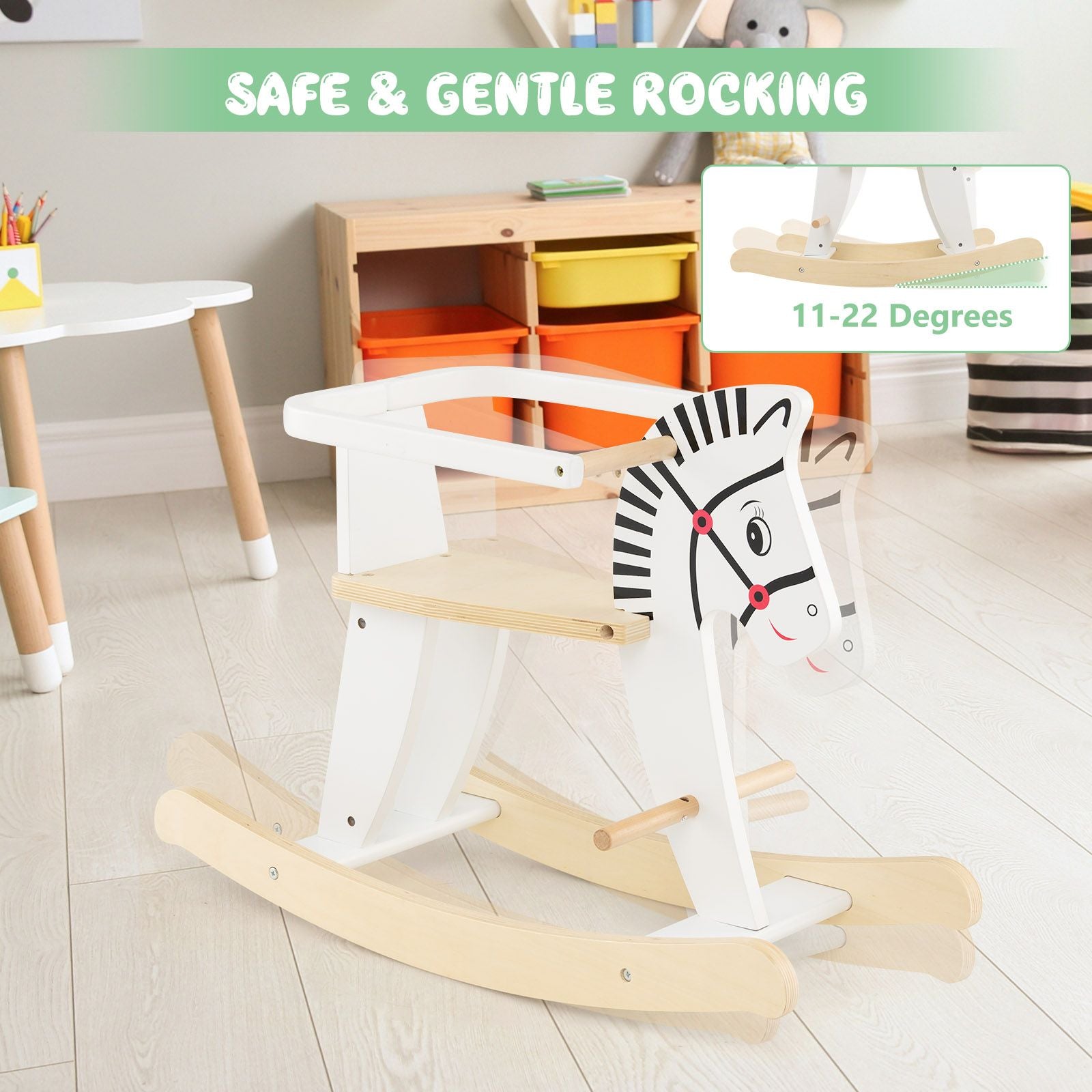 Wooden Rocking Horse with Detachable Fences and Backrest