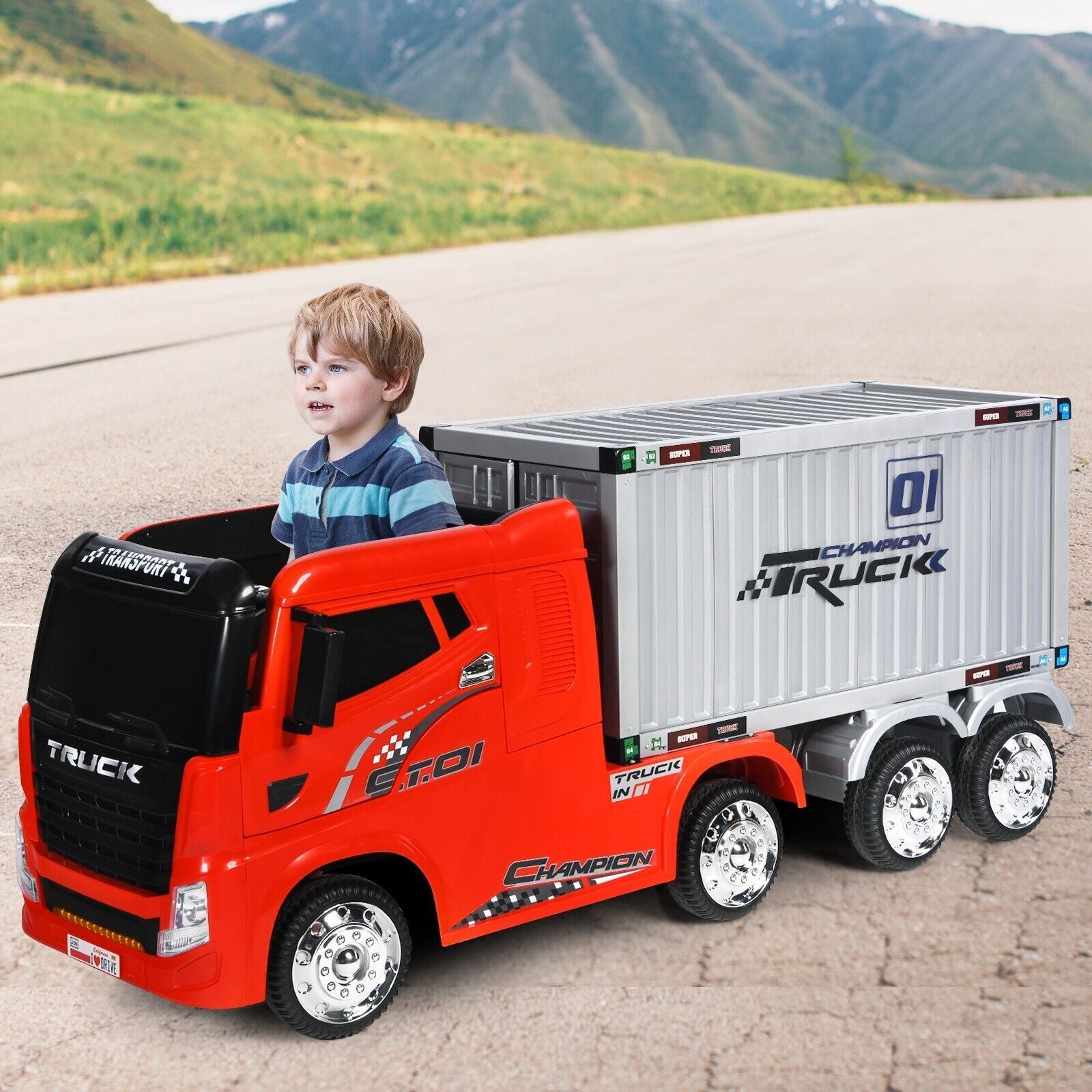 12V Ride-On Semi-Truck with Container for Kids of 3-8 Year Old