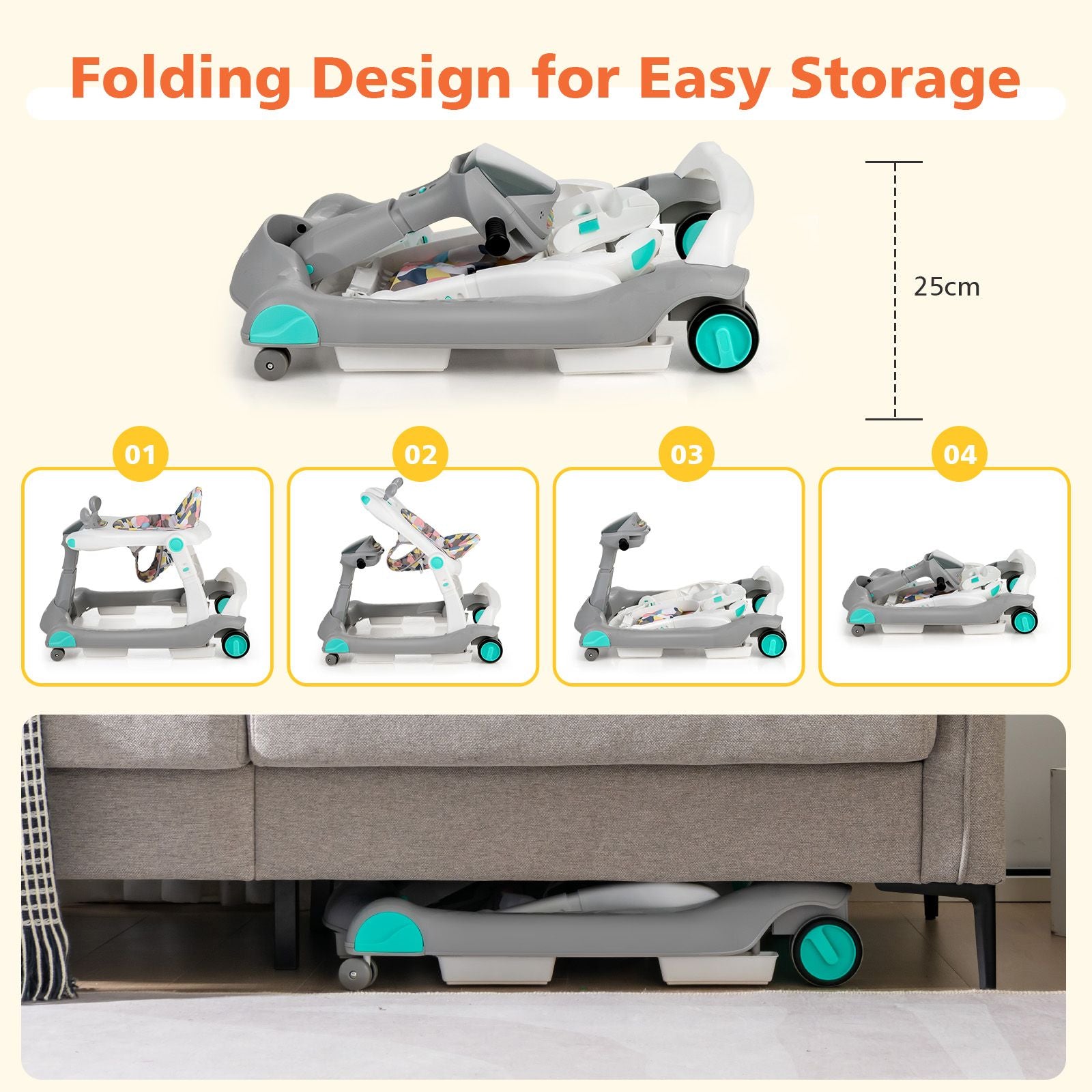 2-In-1 Foldable Baby Walker with Adjustable Height and Speed