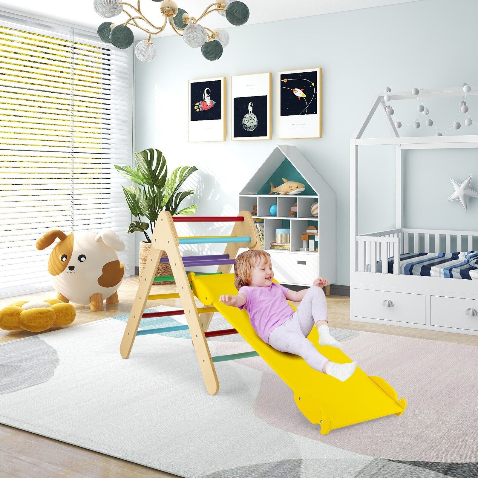 Wooden Triangle Climbing Ladder Set with 2-In-1 Reversible Ramp