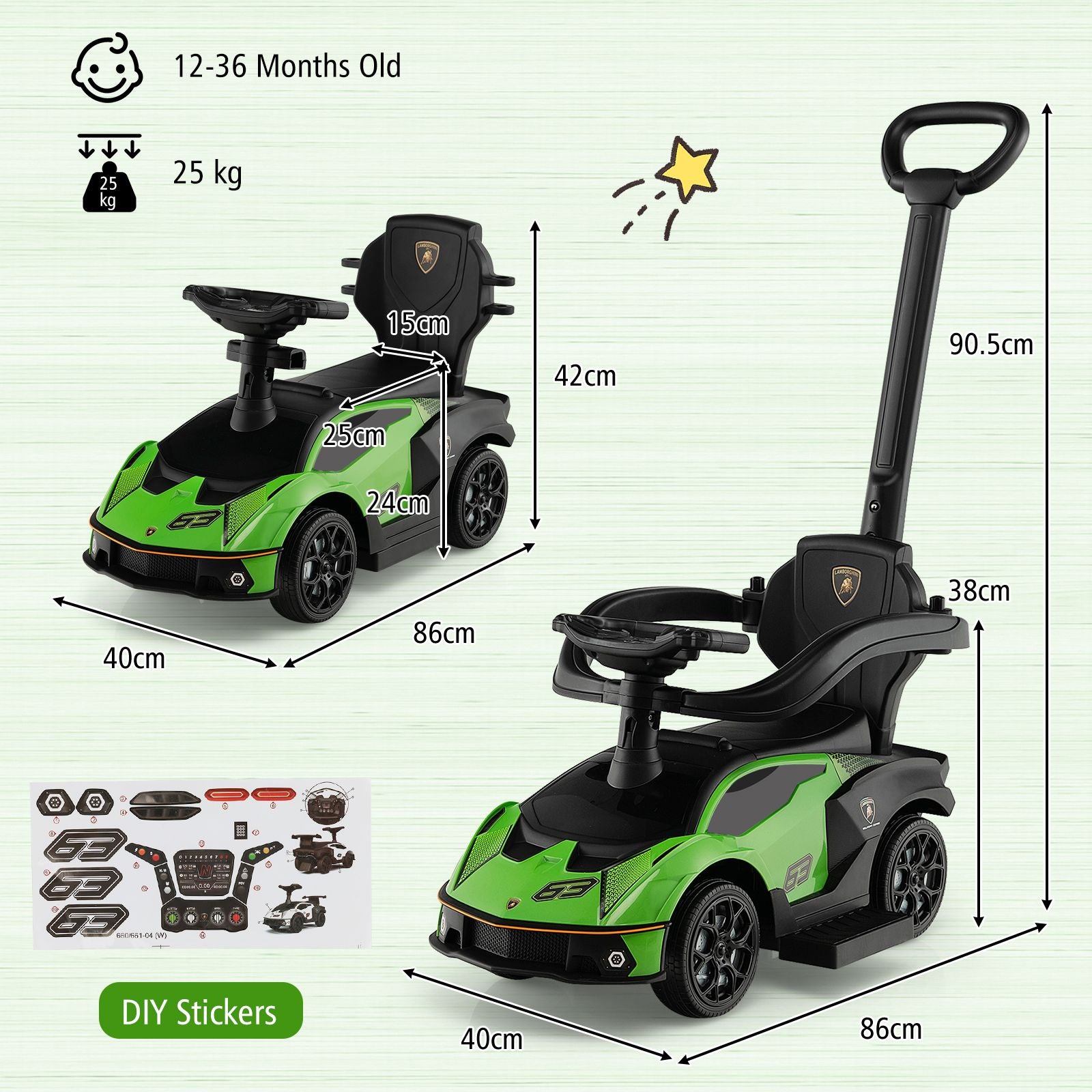 Kids Licensed Lamborghini Ride on Car with Push Handle