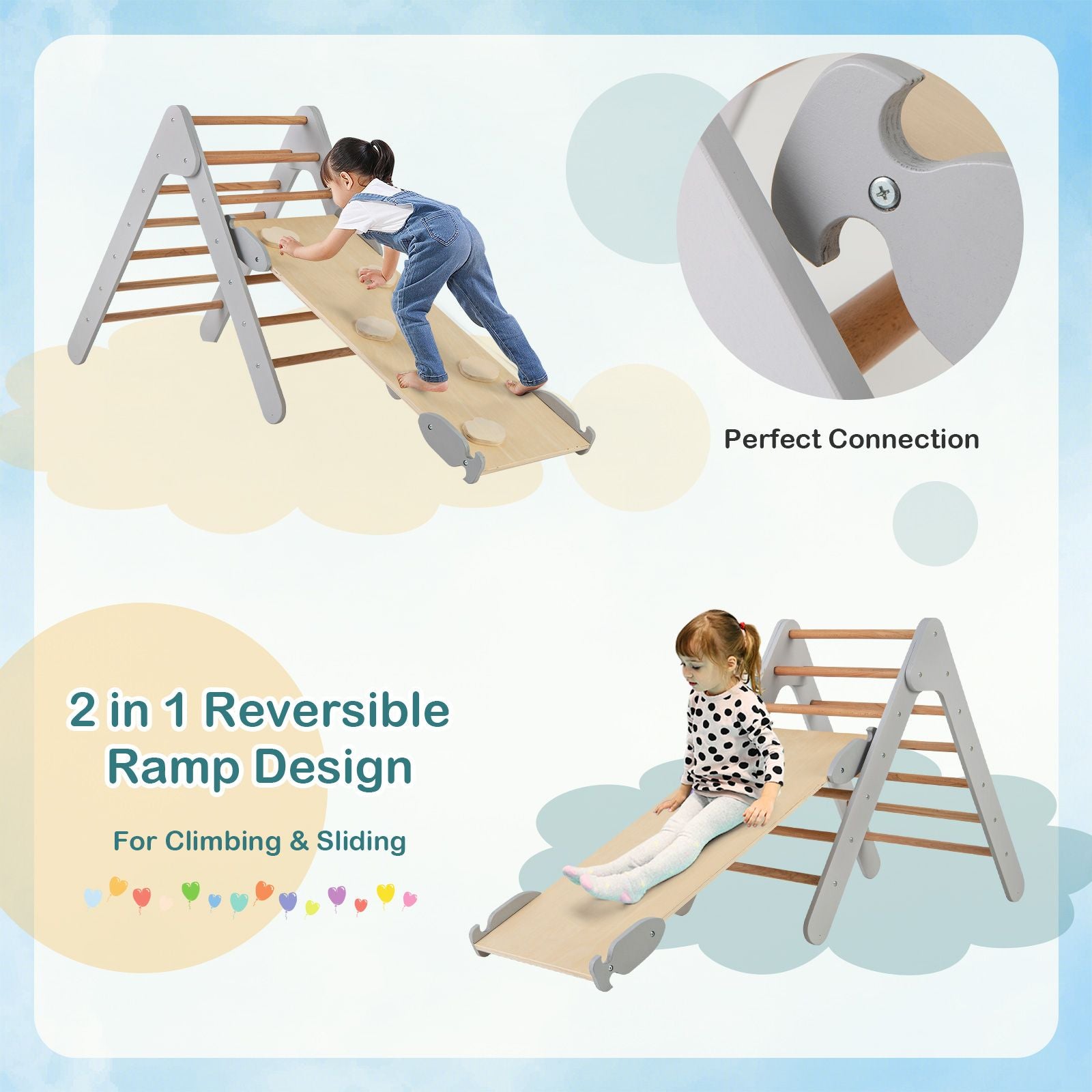 Wooden Triangle Climbing Ladder Set with 2-In-1 Reversible Ramp