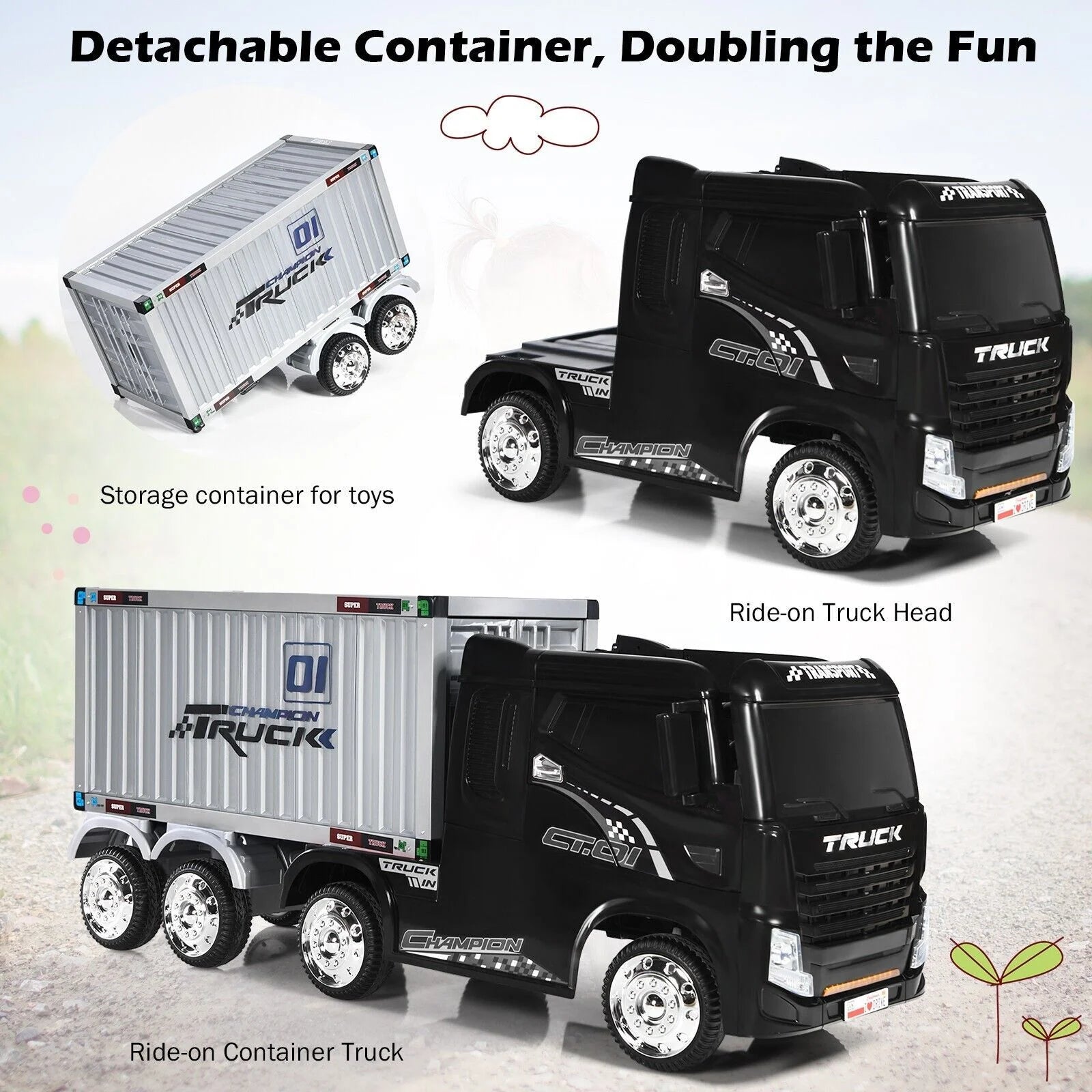 12V Ride-On Semi-Truck with Container for Kids of 3-8 Year Old