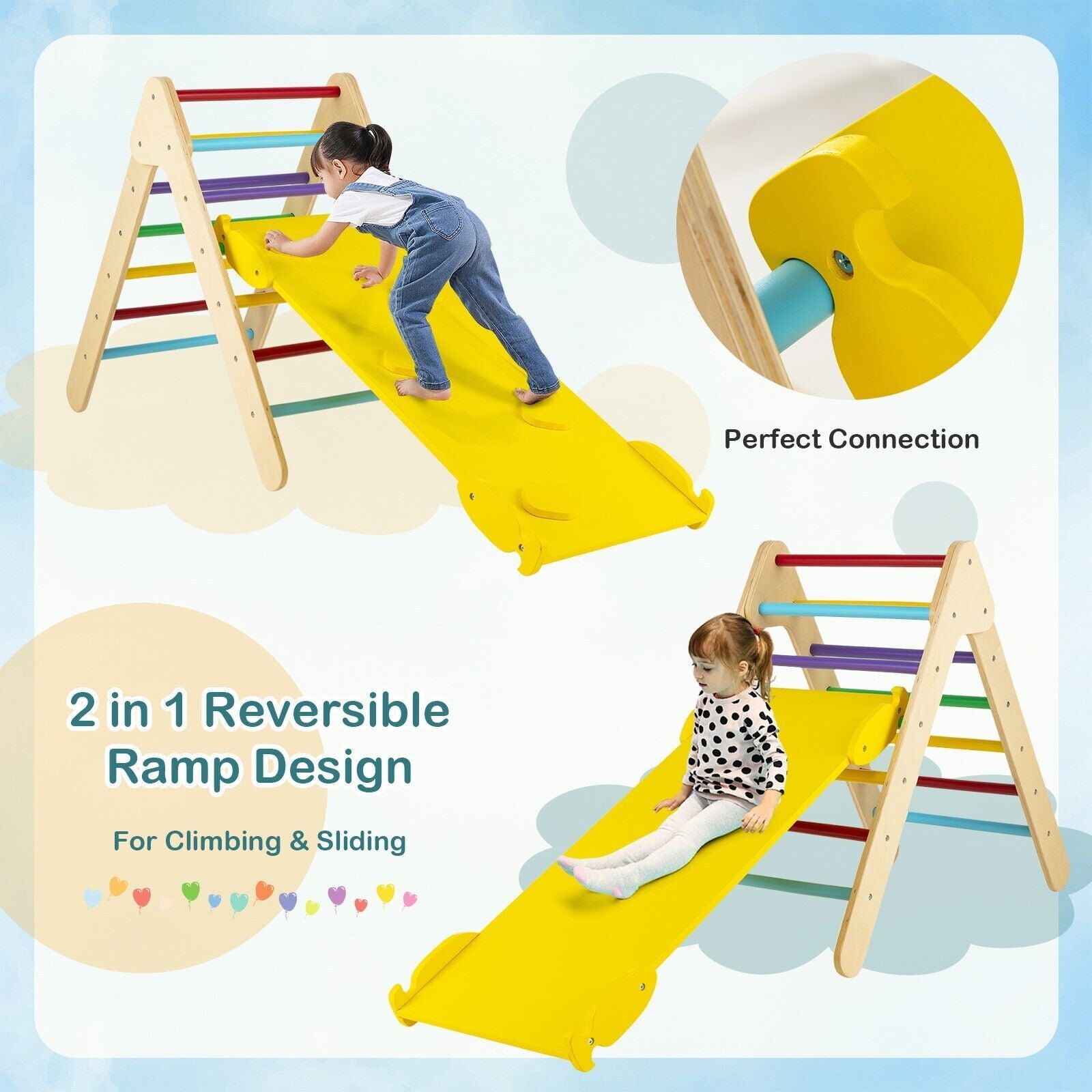Wooden Triangle Climbing Ladder Set with 2-In-1 Reversible Ramp