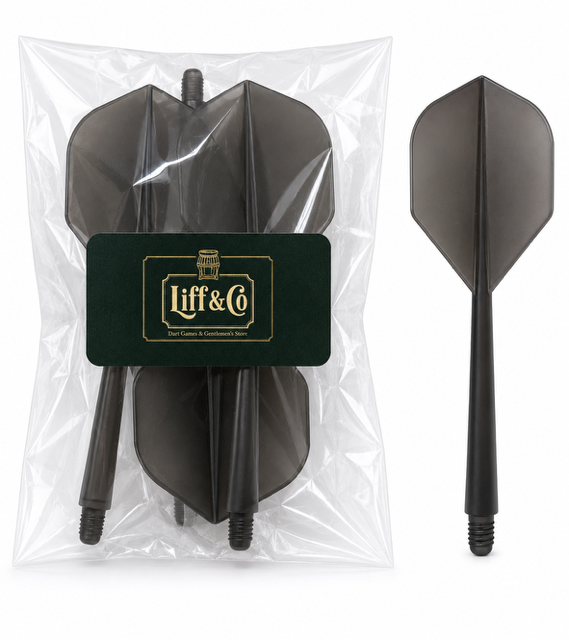 Black dart flights in a clear plastic bag with Liff & Co branding.