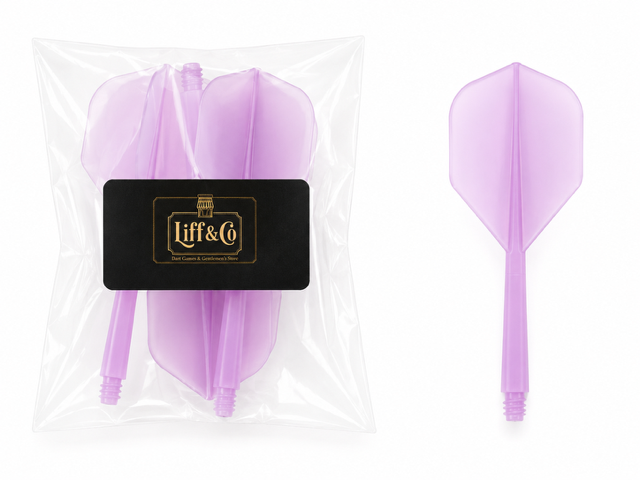 Purple dart flights in a clear package with 'Lifft & Co' branding.