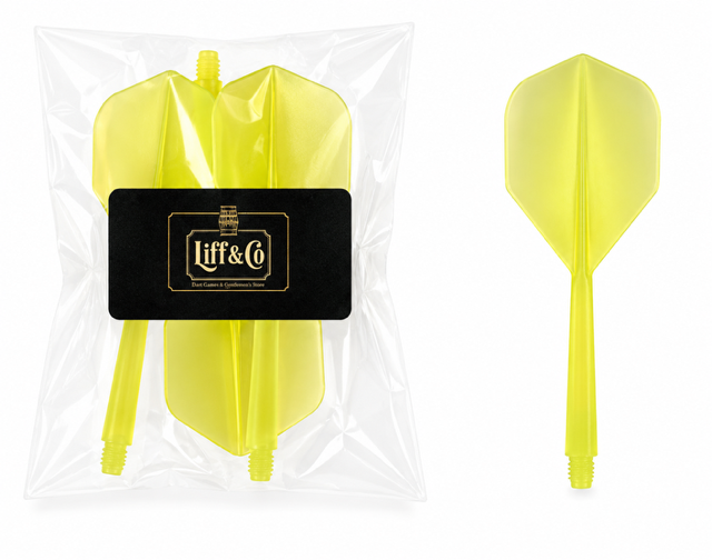 Yellow dart flights with packaging featuring 'Liff & Co' brand on a white background