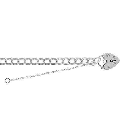 Silver bracelet with a heart-shaped clasp on a white background
