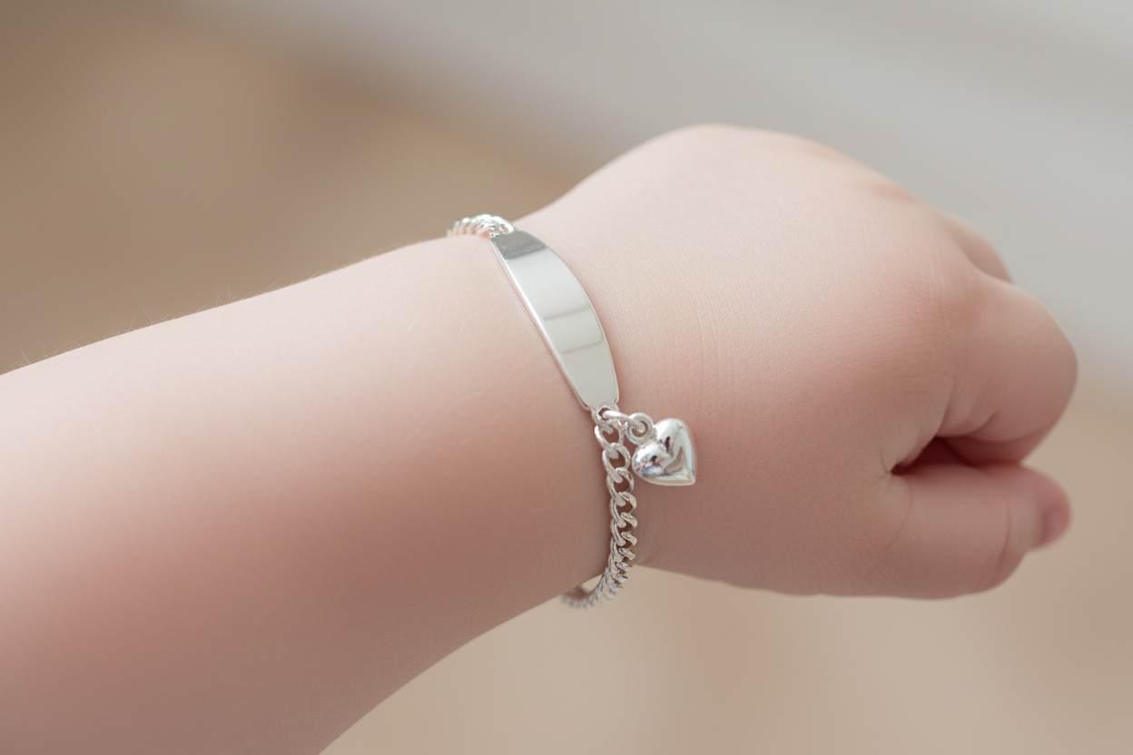 SILVER Flat Single Heart charm childrens id bracelet on a babies arm