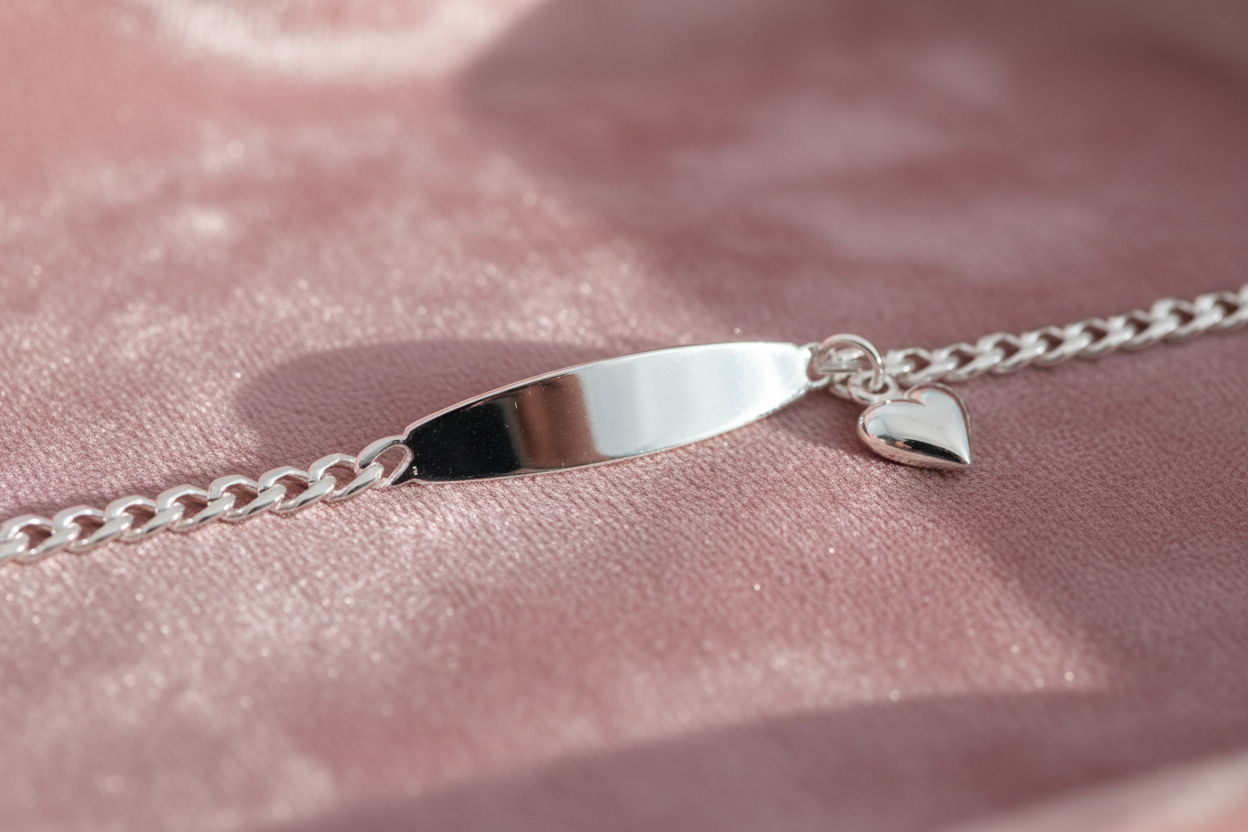 SILVER Flat Single Heart charm childrens id bracelet on a pink background