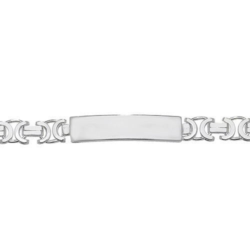 Silver bracelet with a rectangular ID plate on a white background