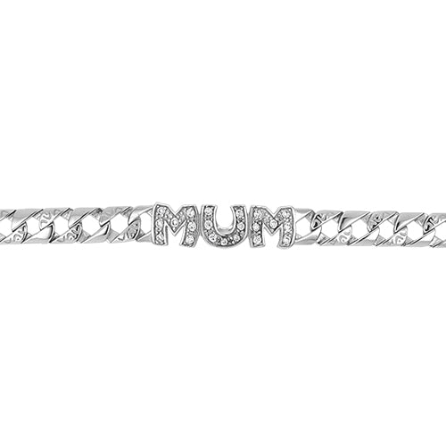 Silver chain bracelet with 'MUM' letters on a white background