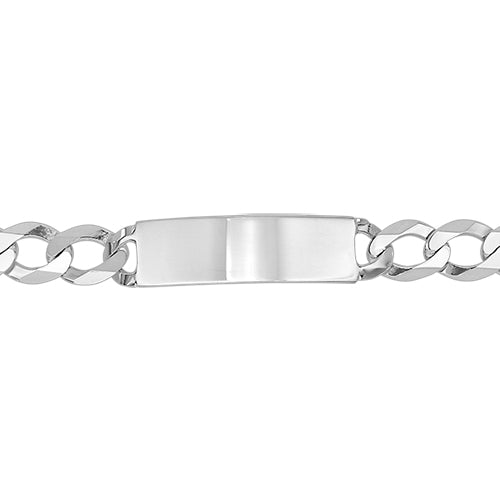 Silver chain bracelet with a flat tag on a white background
