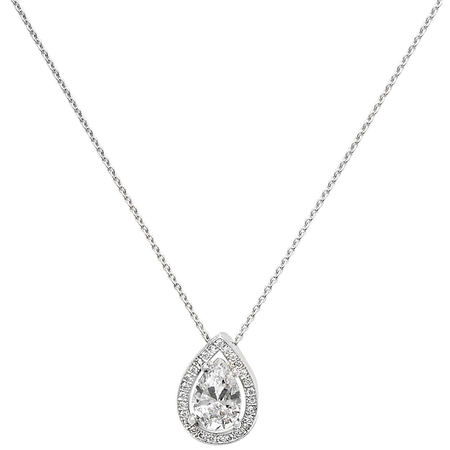 Teardrop-shaped cz pendant on a chain against a white background