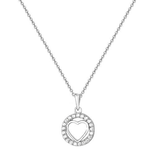 Silver necklace with a heart-shaped pendant on a white background