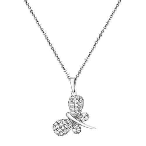 Butterfly-shaped pendant necklace on a white background