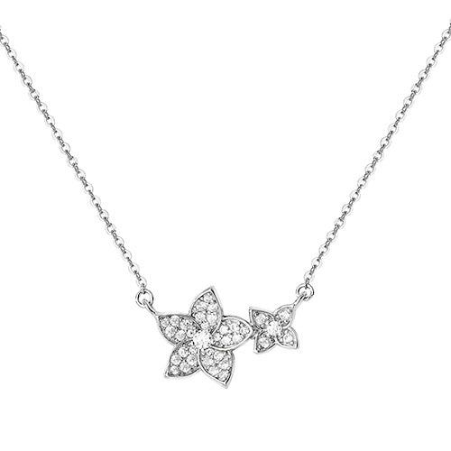 Silver Ladies' Rhodium Plated CZ Double Flower Pendant on Chain 18"