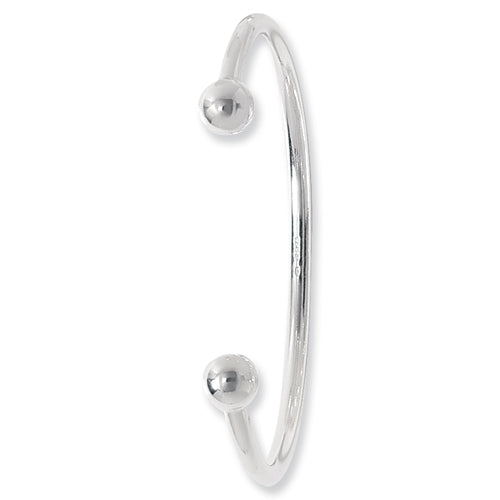 Silver bangle with two spherical ends on a white background