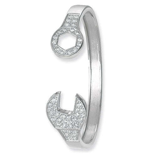 Silver open bangle with geometric design on a white background