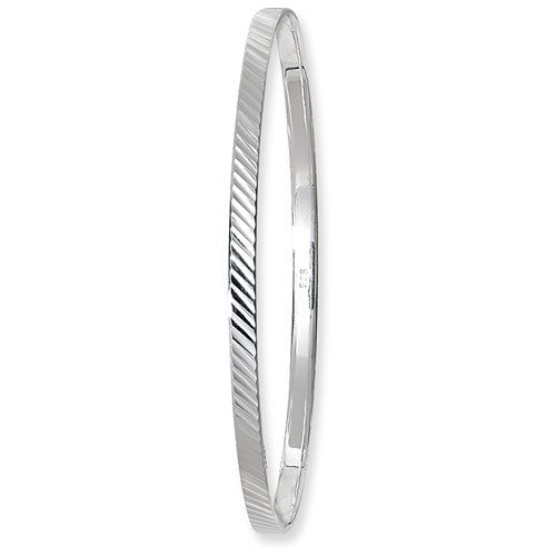 Silver bangle with a textured design on a white background