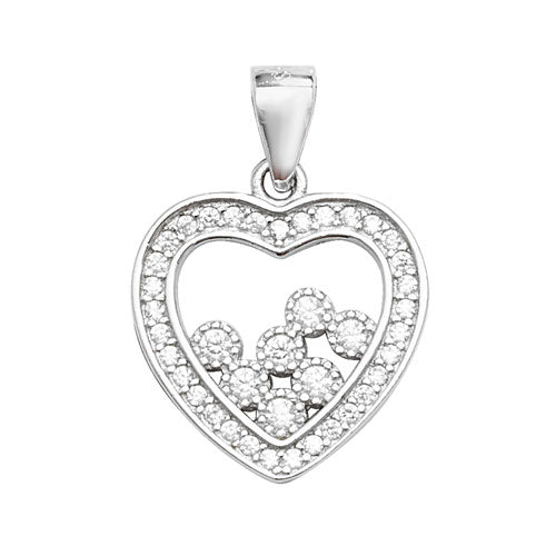 Silver heart-shaped pendant with embedded stones on a white background