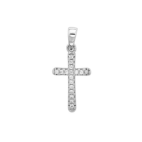 Silver cross pendant with embedded diamonds on a white background