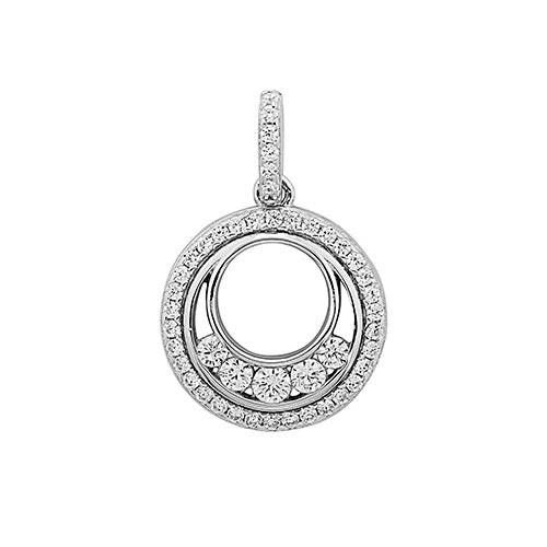Silver pendant with circular design and embedded stones on a white background