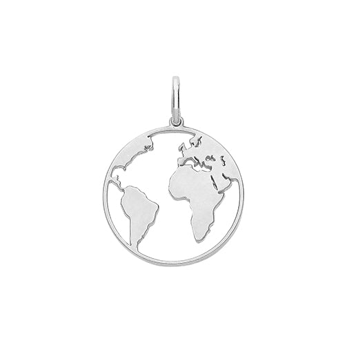 Silver pendant in the shape of a world map on a white background