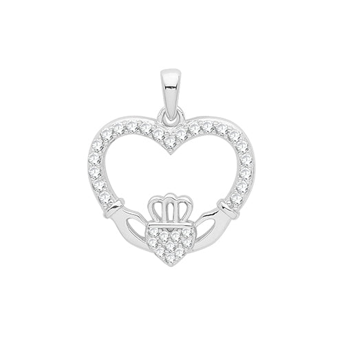 Silver claddagh heart pendant with clear stones on a white background